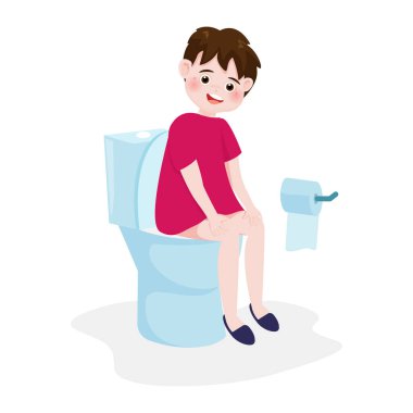Küçük çocuk ya da çocuk arka planda izole bir şekilde tuvalette oturuyor. Çizgi film karakteri düz biçiminde vektör illüstrasyonu.