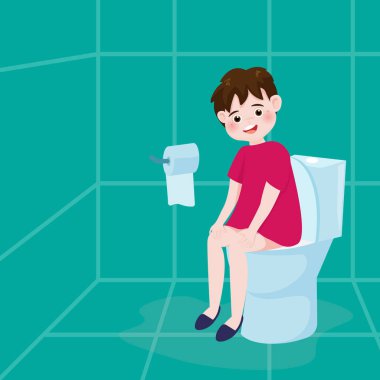 Küçük çocuk ya da çocuk arka planda izole bir şekilde tuvalette oturuyor. Çizgi film karakteri düz biçiminde vektör illüstrasyonu.