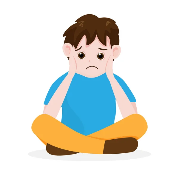 悲しい少年の背景に孤立座っている 漫画のキャラクターフラットスタイルのベクトルイラスト — ストックベクタ