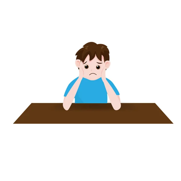 Sad Boy Sitting Table Isolated Background Vector Illustration Cartoon Character — Stock Vector