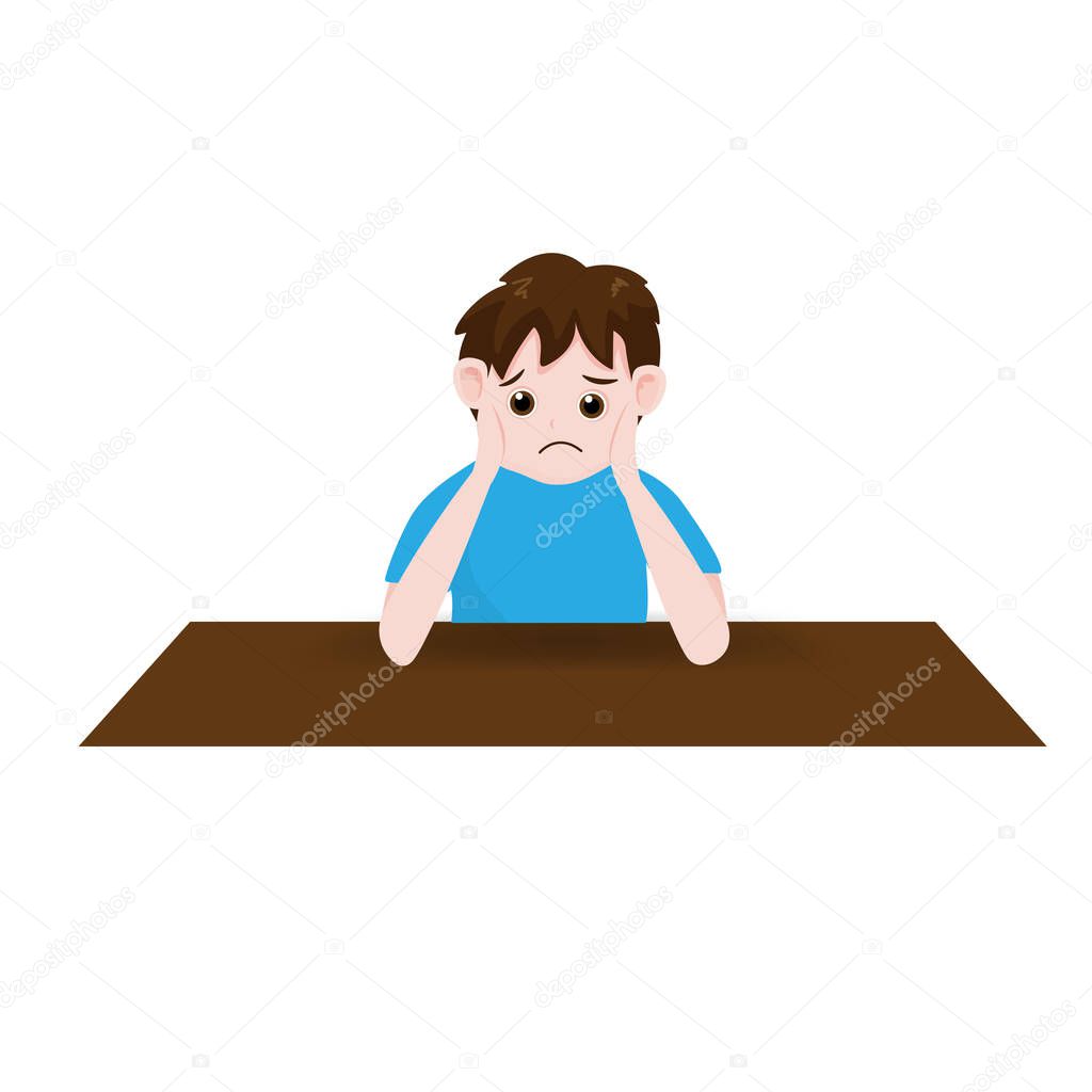 Sad boy sitting at table isolated on background. Vector illustration in cartoon character flat style.