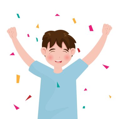 Küçük çocuk mutlu ve kazanan arka planda izole edilmiş. Çizgi film karakteri düz biçiminde vektör illüstrasyonu.