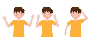 Küçük çocuk pek çok eylemde mutlu ve kazanan arka planda izole edilmiş. Çizgi film karakteri düz biçiminde vektör illüstrasyonu.