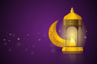 Ramazan Kareem karşılama konsepti. Hilal ay ve gece yanan mum. Vektör illüstrasyon tasarımı.