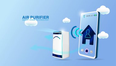 Akıllı hava temizleyici konsepti. Arka planda akıllı telefon ve hava filtresi makinesi var. Akıllı ev ya da şehirde kablosuz bağlantı sistemi.