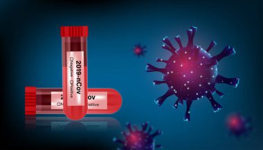 Pandemik virüs ve antiviral ilaç koronavirüs konsepti. Kan tüpü testi arka planda izole edildi. Vektör illüstrasyon tasarımı.