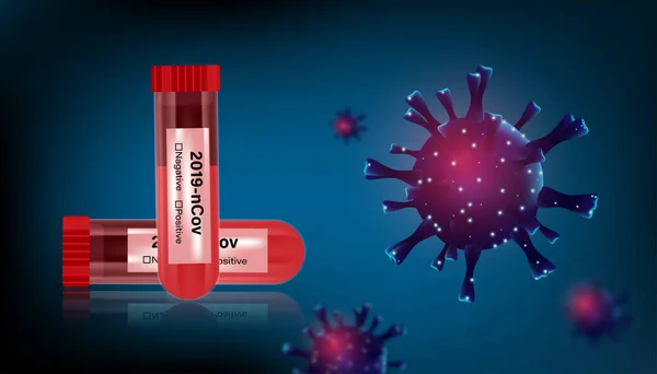 Pandemik virüs ve antiviral ilaç koronavirüs konsepti. Kan tüpü testi arka planda izole edildi. Vektör illüstrasyon tasarımı.