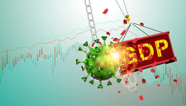 Salgın ve grip salgını Coronavirüs ya da GSYİH ticaret ve ekonomi ve borsa işletmeleri ve finansal durgunluk kavramları üzerinde covid-19 etkisi. Vektör çizimi. Dev virüs konteynıra çöktü.