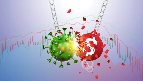 Salgın ve grip salgını Coronavirüs ya da ABD doları para birimi ticareti ve ekonomisine ve borsa ve finansal durgunluk kavramına covid-19 etkisi. Vektör çizimi. Dev virüs konteynıra çöktü.