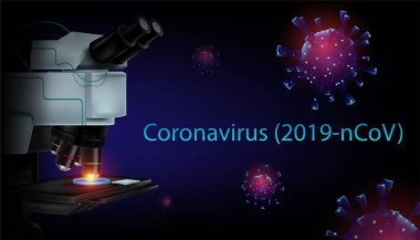 Salgın grip romanı Coronavirus ya da covid-19 hastalığı ve antiviral ilaç konsepti. Mikroskop ve laboratuvar ekipmanları araştırması. Vektör illüstrasyon tasarımı.