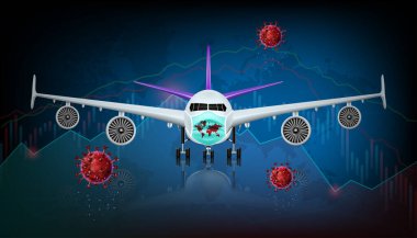 Coronavirus ya da Covid-19 hastalığının salgını nedeniyle havayolu şirketinin ekonomik kriz ve seyahat turizm sektörünün etkisi. Vektör illüstrasyon tasarımı.