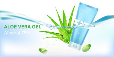 Aloe vera alkol jeli su altındadır. Salgın covid-19 virüsü ve koronavirüs koruma konsepti. Vektör illüstrasyon tasarımı.