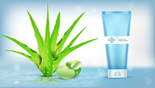 Aloe vera alkol jeli su altındadır. Salgın covid-19 virüsü ve koronavirüs koruma konsepti. Vektör illüstrasyon tasarımı.
