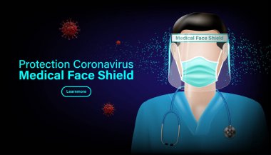 Doktor tıbbi yüz koruyucu ve maske takıyor. Salgın grip salgını koronavirüsü ya da covid-19 koruma konsepti. Vektör illüstrasyon tasarımı.