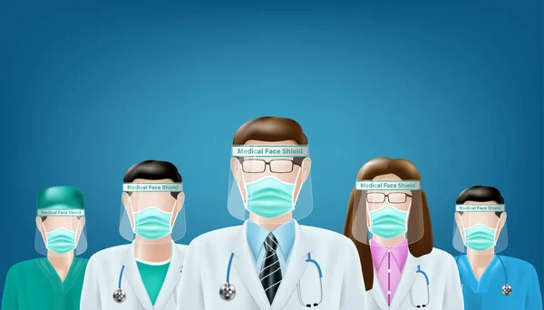 Bir grup doktor ve hemşire ya da tıbbi ekip üniforma ve yüz maskesi giyer, salgın virüsle ya da koronavirüsle savaşmak için yüz kalkanı takar. Vektör illüstrasyon tasarımı.