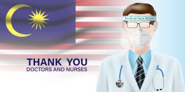 Doktorlar Malezya bayrağında üniforma giyerler. Salgın covid ya da koronavirüs konsepti. Vektör illüstrasyon tasarımı.