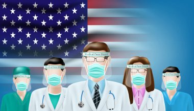 Doktorlar Amerika Birleşik Devletleri ya da Amerika bayrağı geçmişinde üniforma giyerler. Salgın covid ya da koronavirüs konsepti. Vektör illüstrasyon tasarımı.