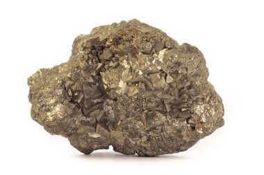 Peru 'dan gelen Pyrite minerali saf beyaz arkaplanda izole edilmiş..