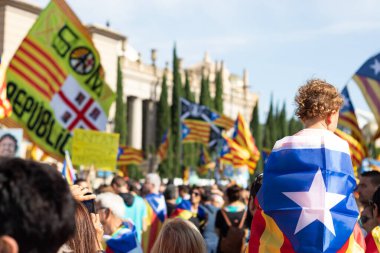 Babası tarafından tutulan ve Katalanca bağımsız dişçi bayrağıyla kaplı bebek, Katalonya 'nın Ulusal Günü olan La Diada' daki mitingde.