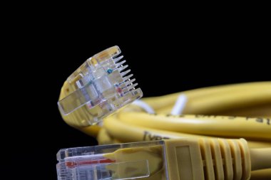 Siyah arkaplanda RJ45 eklentili ethernet kablosu izole edildi.