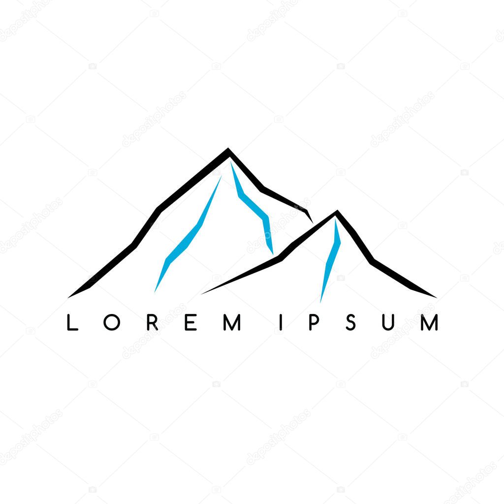 Mountain silhouette with inscription Lorem Ipsum, outdoor adventure insignia. Climbing trekking logo, vector illustration