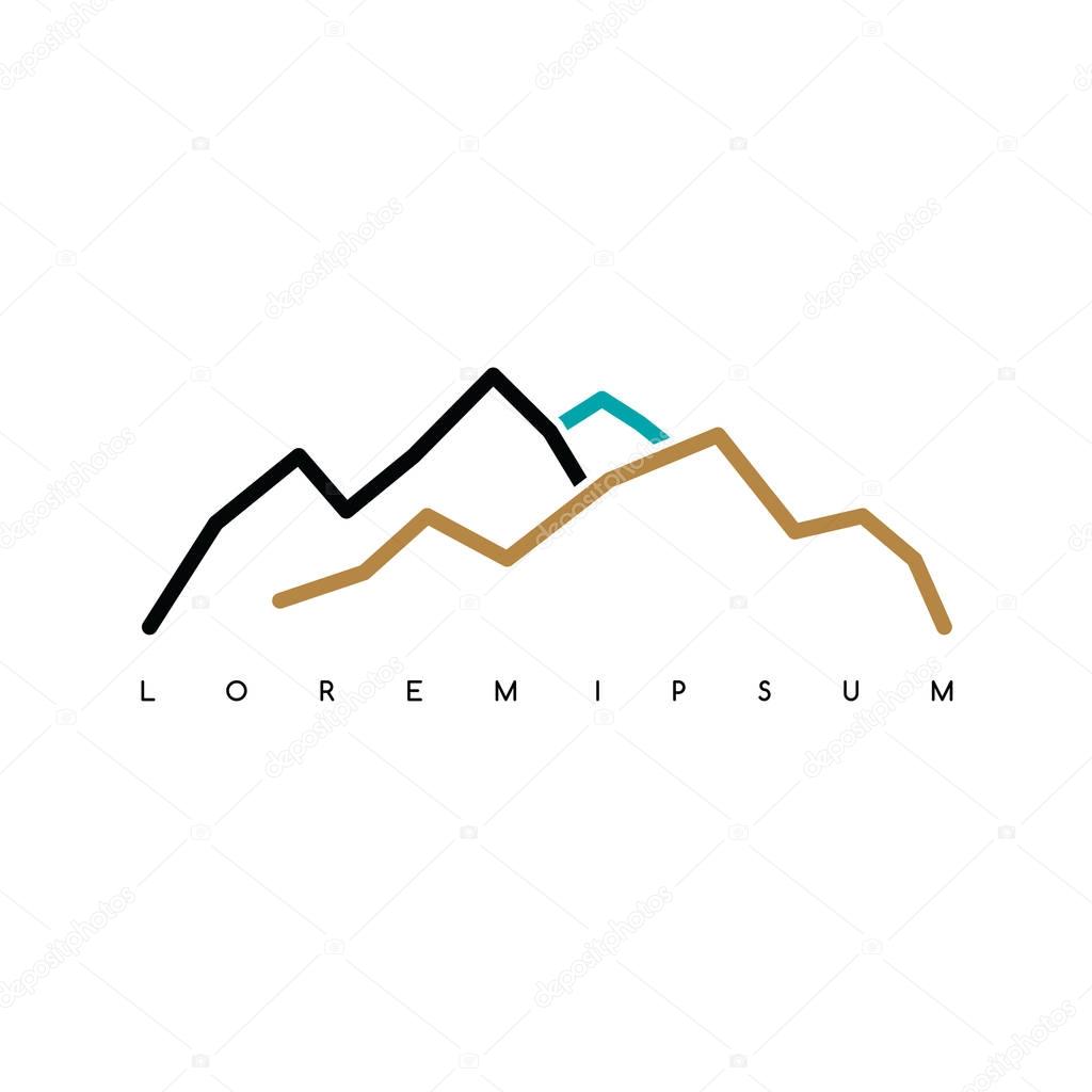 Mountain silhouette with inscription Lorem Ipsum, outdoor adventure insignia. Climbing trekking logo, vector illustration
