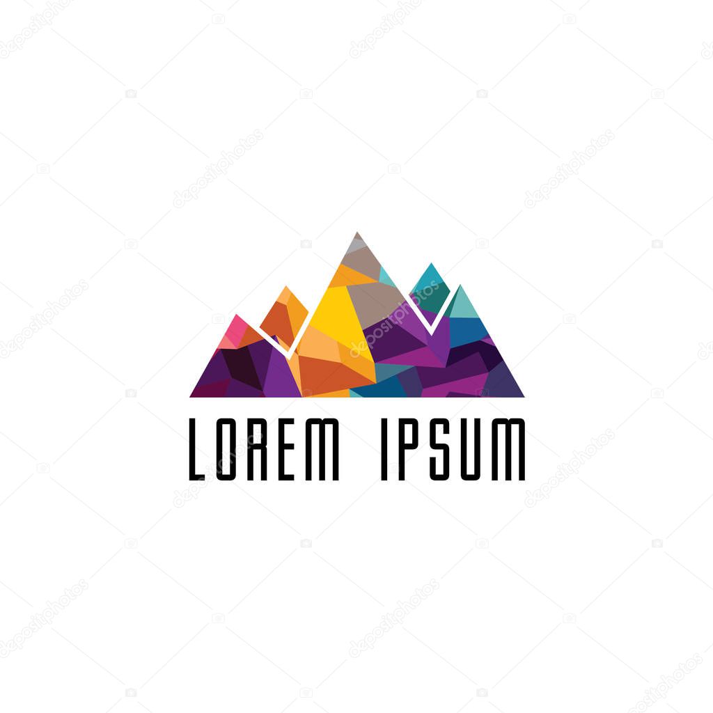 Mountain silhouette with inscription Lorem Ipsum, outdoor adventure insignia. Climbing trekking logo, vector illustration