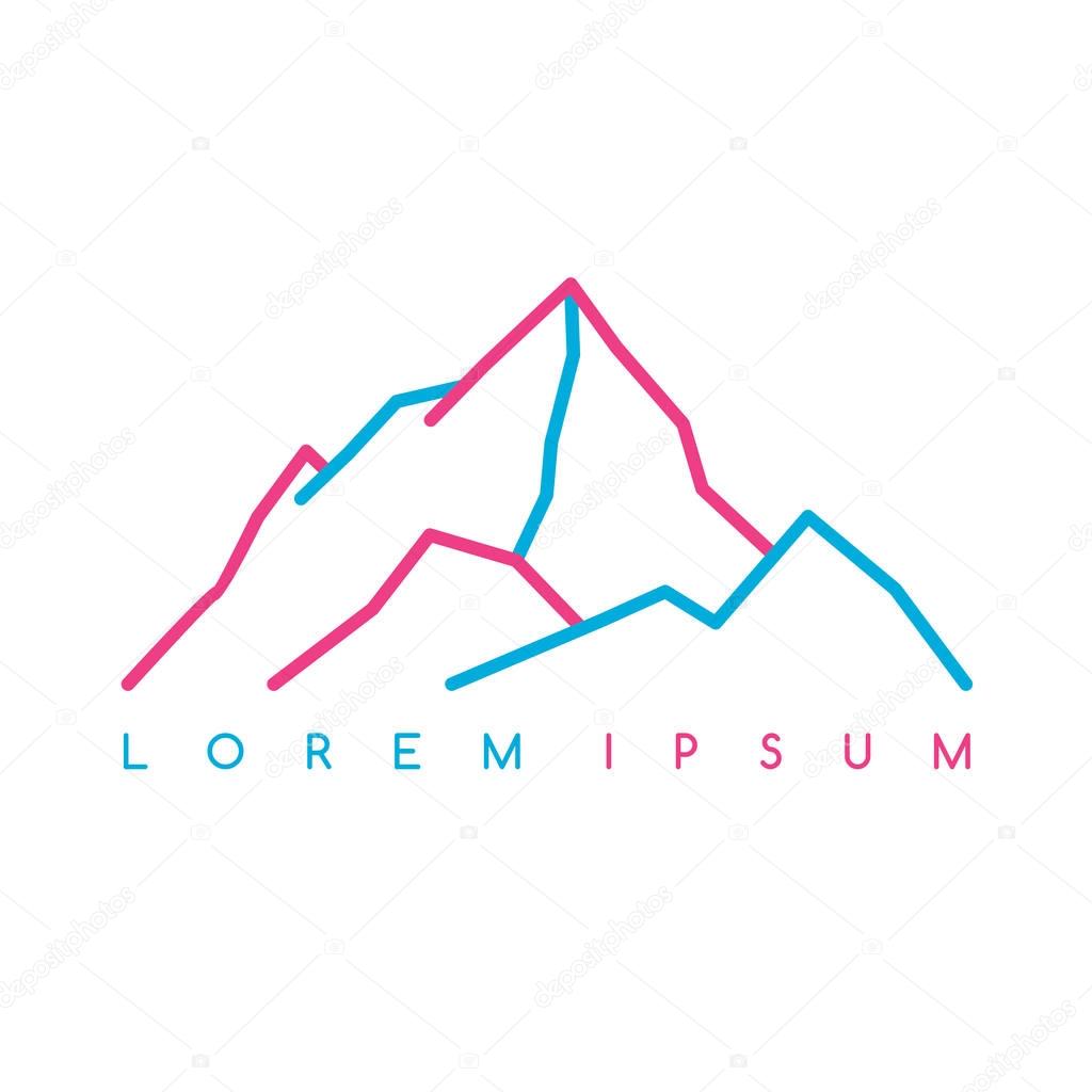 Mountain silhouette with inscription Lorem Ipsum, outdoor adventure insignia. Climbing trekking logo, vector illustration