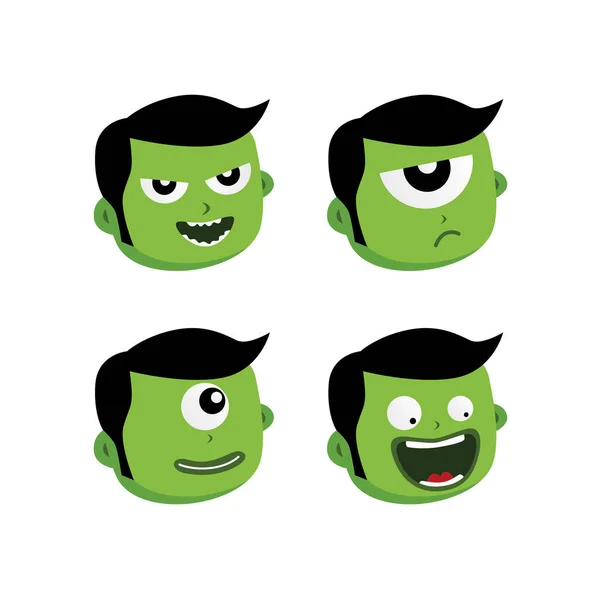 Набор смешных зеленых инопланетян с выражениями лица — стоковый вектор