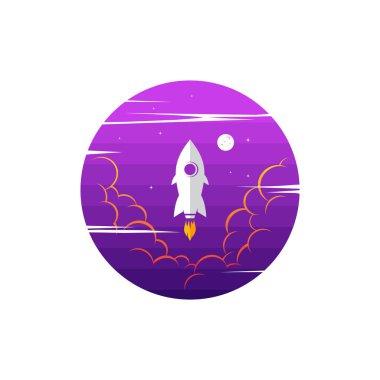 Beyaz arkaplanda uçan uzay gemisinin yuvarlak simgesi