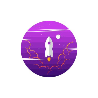 Beyaz arkaplanda uçan uzay gemisinin yuvarlak simgesi