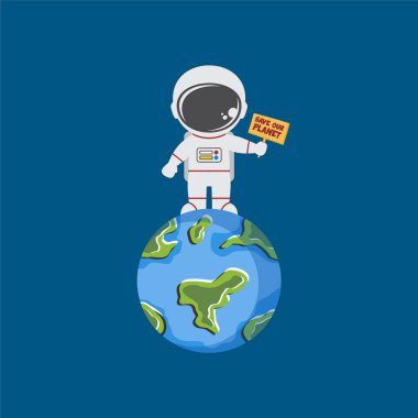 Dünya gezegeni ve elinde küçük bir bayrak olan uzay astronotunun sevimli simgesi.