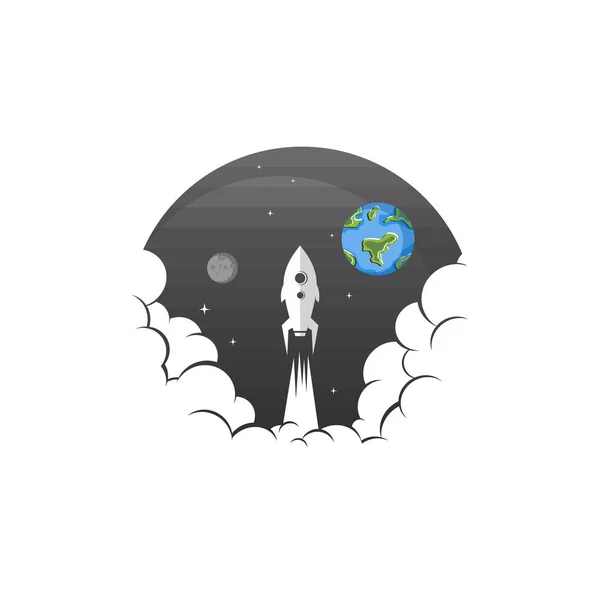 Icône Mignonne Vaisseau Spatial Volant Avec Lune Planète Terre — Image vectorielle