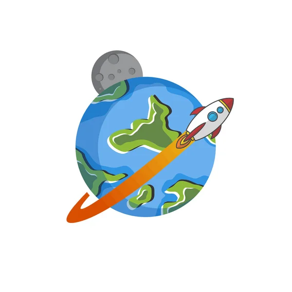 Lindo Icono Nave Espacial Voladora Con Planeta Tierra Luna Sobre — Archivo Imágenes Vectoriales