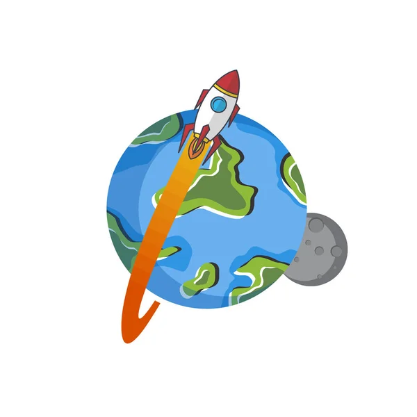 Icône Mignonne Vaisseau Spatial Volant Avec Planète Terre Lune Sur — Image vectorielle