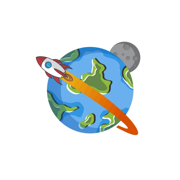 Icône Mignonne Vaisseau Spatial Volant Avec Planète Terre Lune Sur — Image vectorielle