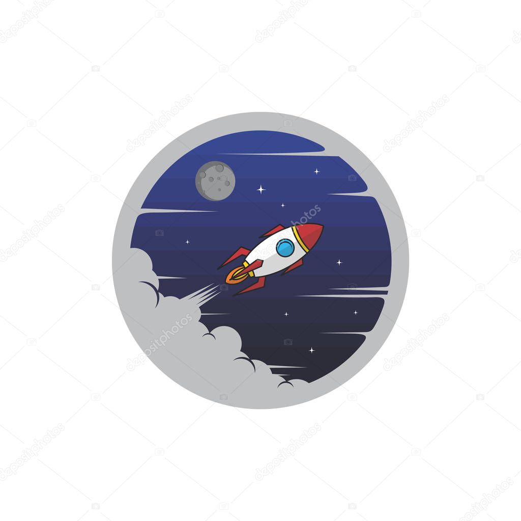 Round icon of flying space ship on white background