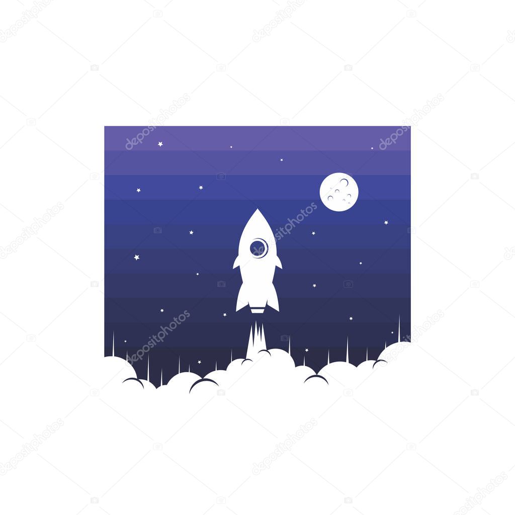 cute icon of flying space ship in gradient sky on white background 