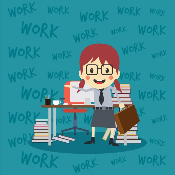 卡通女性角色工作场所与计算机和书籍 — 图库矢量图片