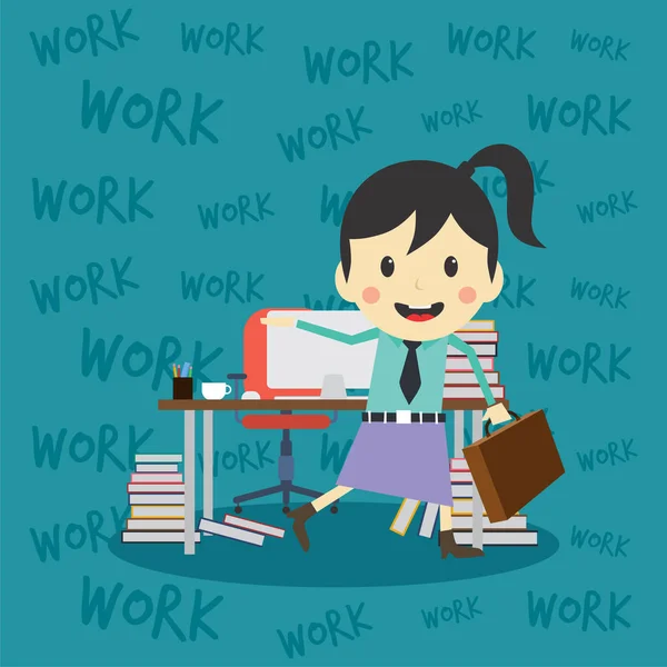 Personaje Femenino Dibujos Animados Por Lugar Trabajo Con Computadora Libros — Vector de stock