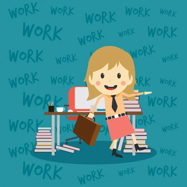Personaje Femenino Dibujos Animados Por Lugar Trabajo Con Computadora Libros — Vector de stock