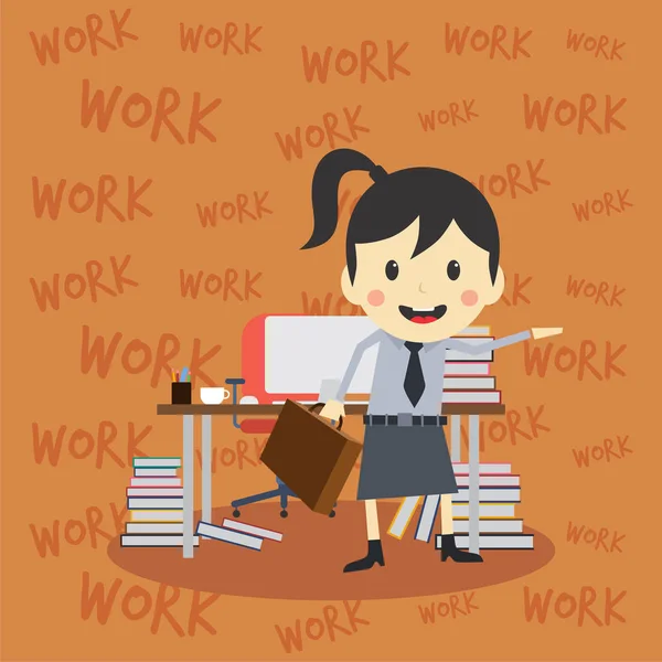 Personaje Femenino Dibujos Animados Por Lugar Trabajo Con Computadora Libros — Vector de stock