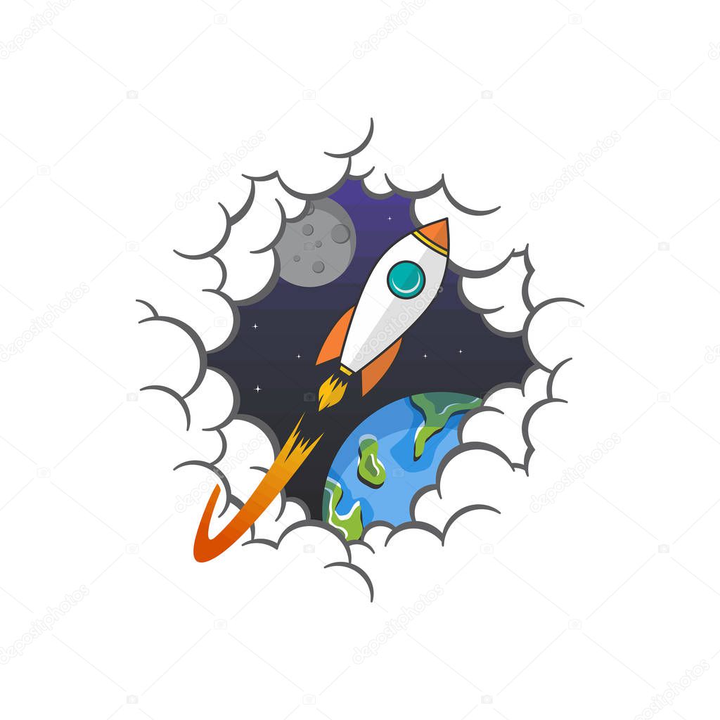 vector icon of flying rocket in cloudy sky