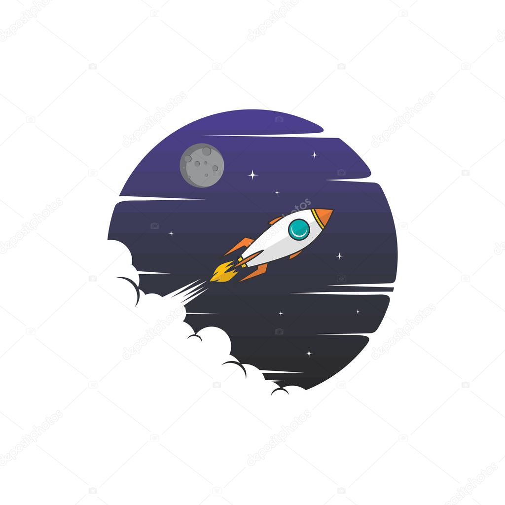 vector icon of flying rocket on round sky background