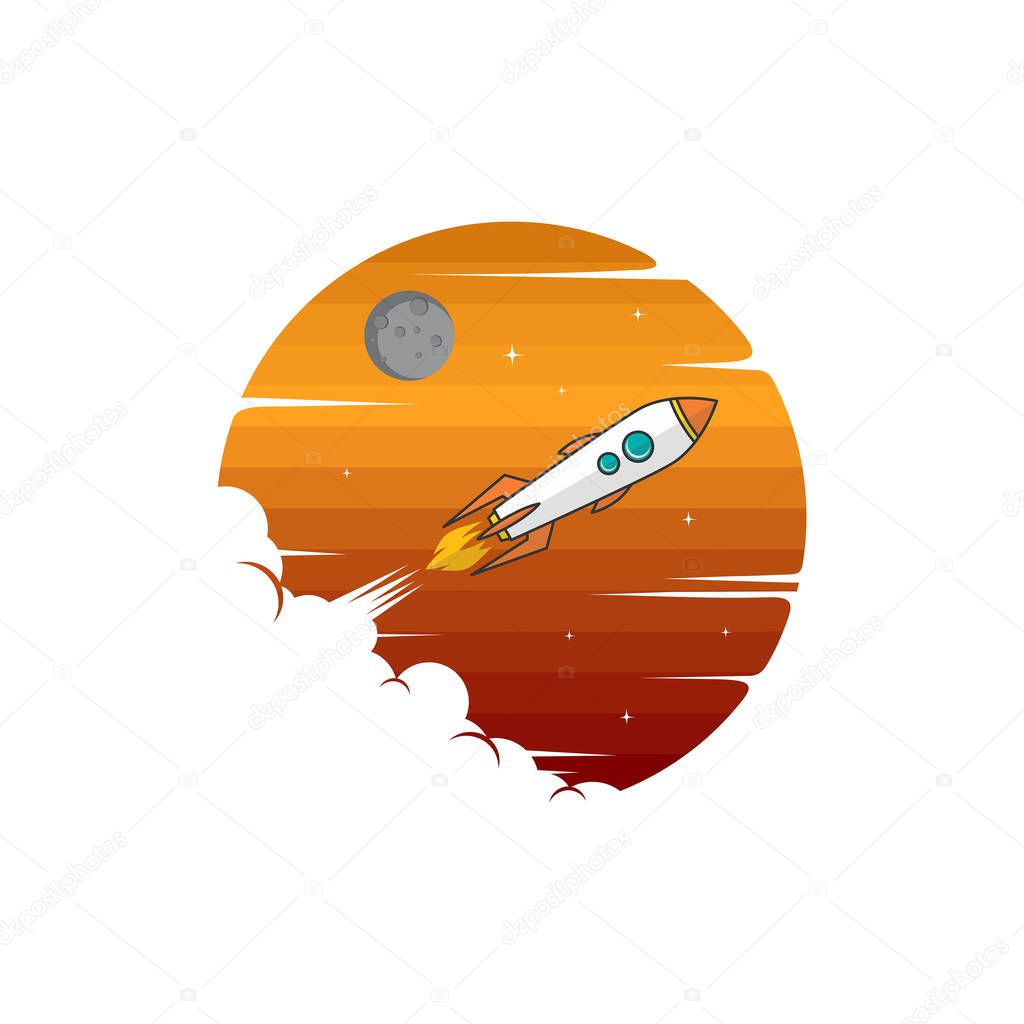 vector icon of flying rocket on round sky background