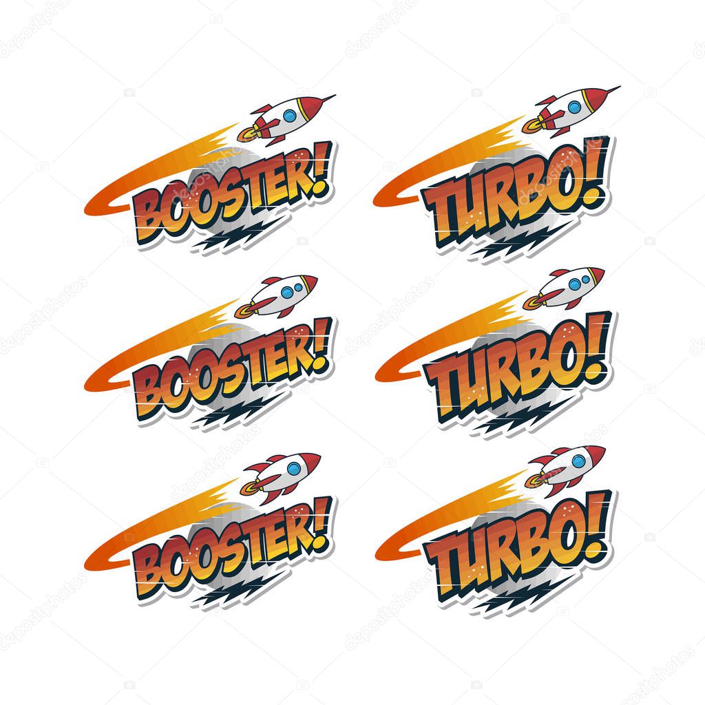 set of flying rockets with lettering vector illustration
