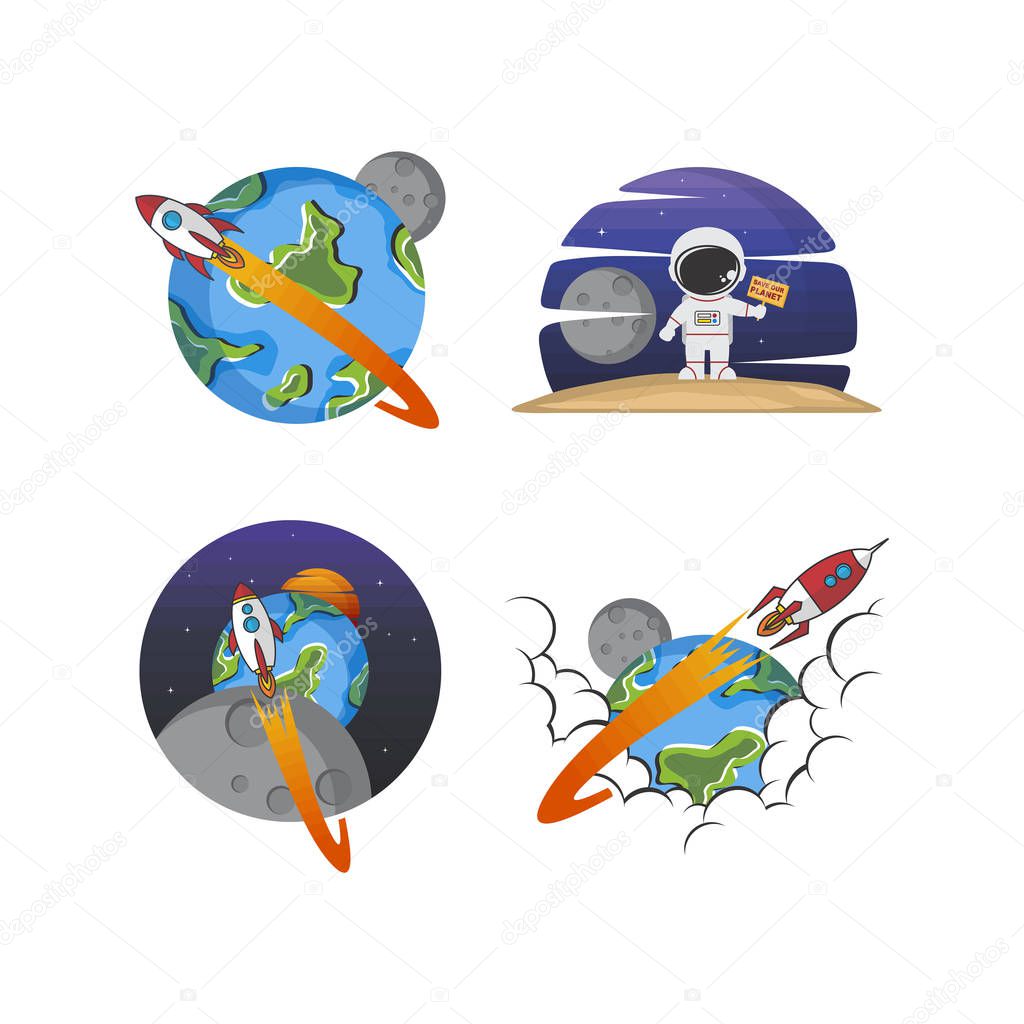 vector icons of astronaut and rockets on white background