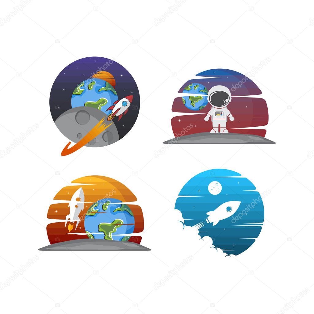 vector icons of astronaut and rockets on white background