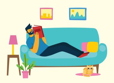Adam kanepede kitap okuyor, evde kalıyor, vektör çizimi yapıyor, çizgi film karakteri evde çalışıyor, covid konsept, korona virüsü 