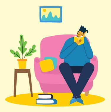 Adam kanepede kitap okuyor, evde kalıyor, vektör çizimi yapıyor, çizgi film karakteri evde çalışıyor, covid konsept, korona virüsü 